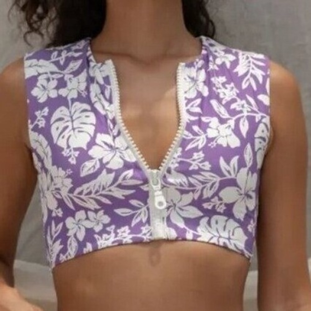 Stone Fox Swim Purple and White Floral Zip-Front Bikini Top